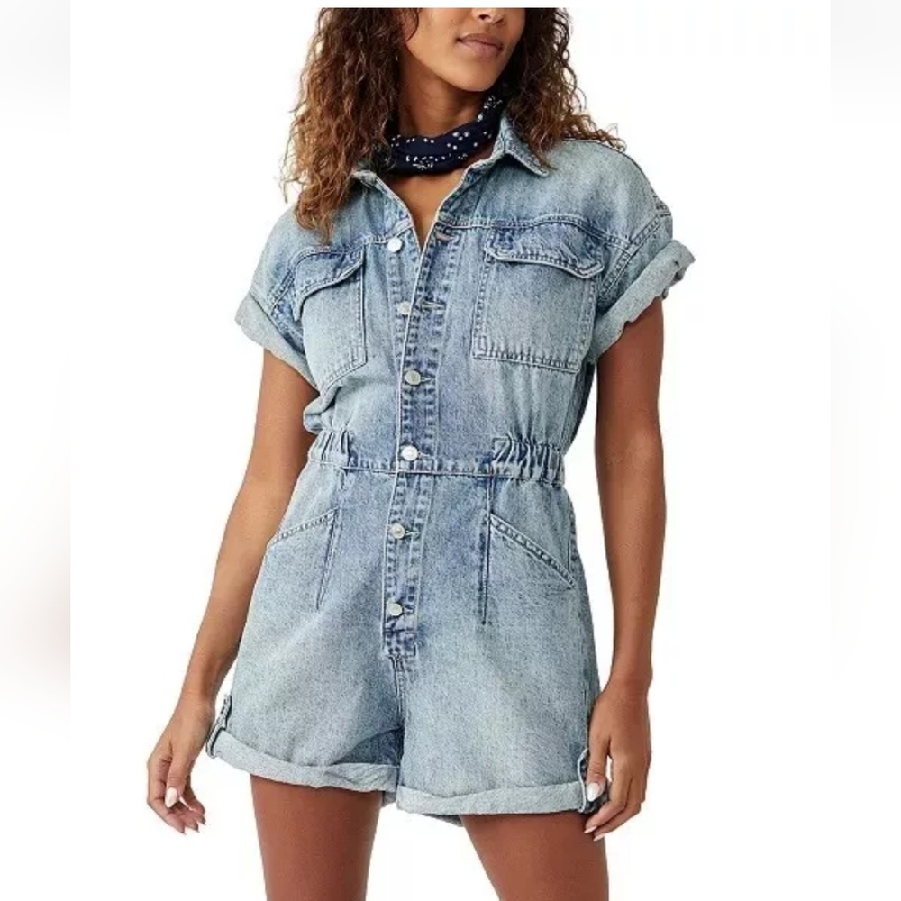 We The Free People Marci Denim Cuffed Shortalls Romper Size Large